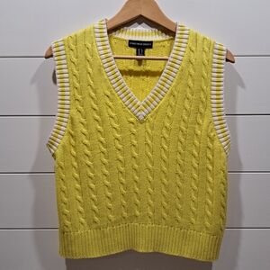 Yellow w/White Trim Cable Knit Academia Preppy Collegiate Sweater Vest Womens L